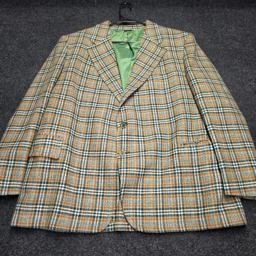 Master Crafted Vintage Plaid Wool Blazer Orange Green Check Sport Coat Mens 46